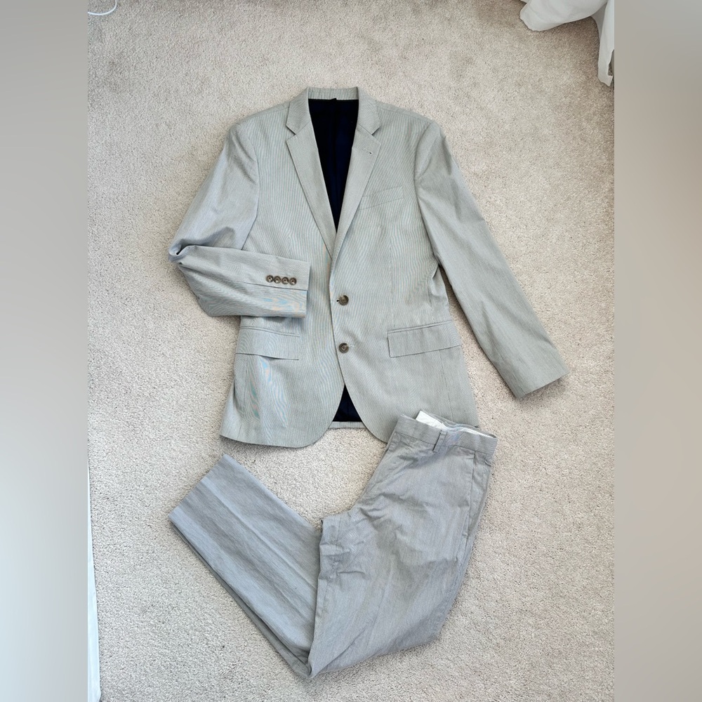 J.Crew Mens Ludlow 100% Cotton Beige Suit Jacket (36S) & Slim Fit Pants 30/30